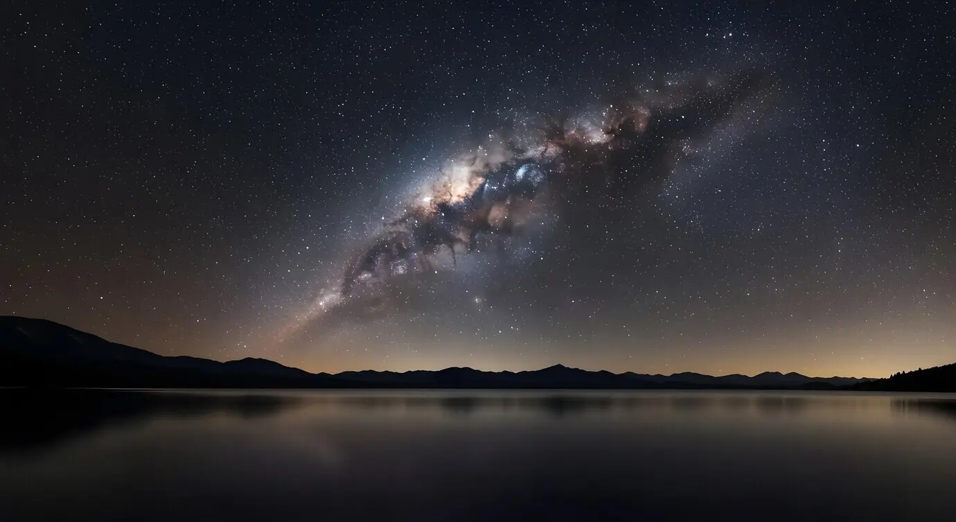 Die Milchstraße über einem stillen See bei Nacht.