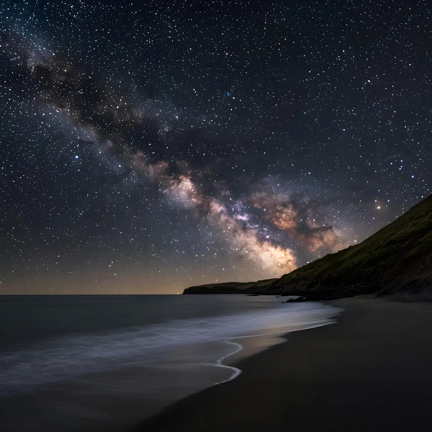 Die Milchstraße über dem Strand bei Nacht.