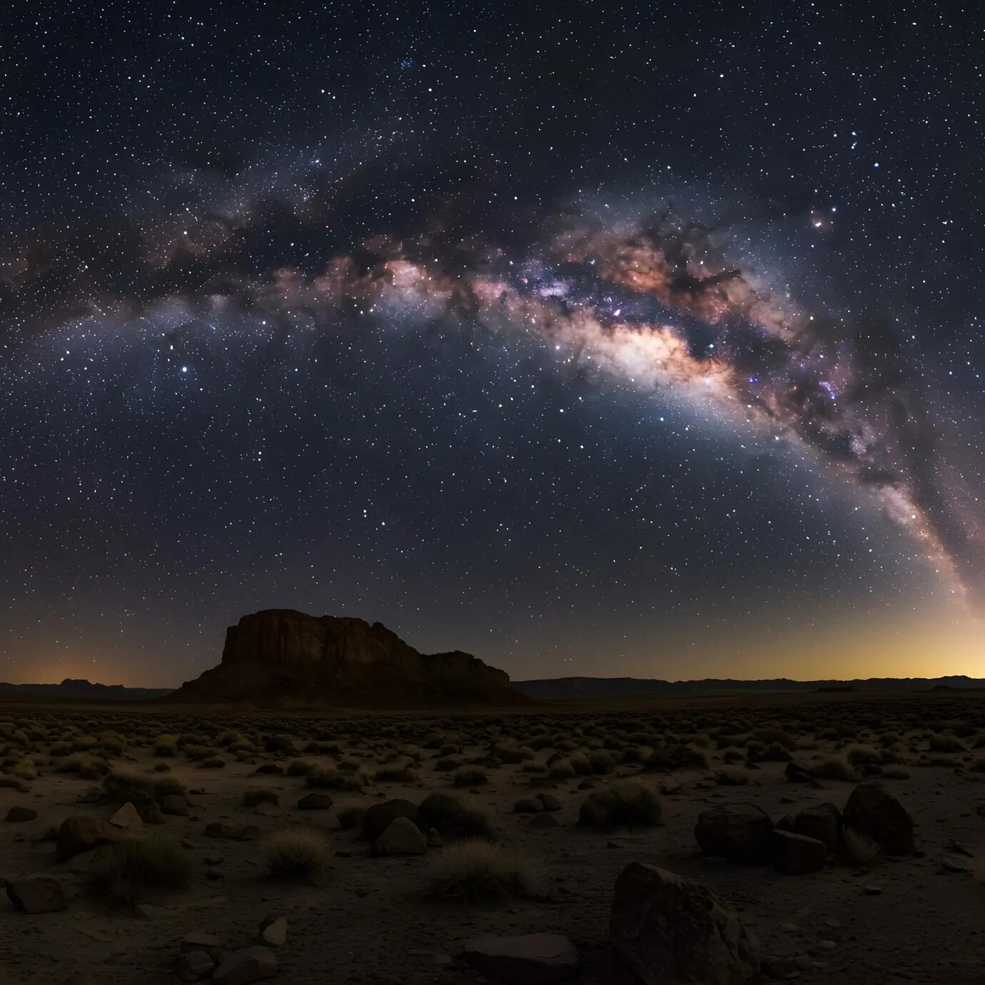 Die Milchstraße über einer Wüstenlandschaft bei Nacht.